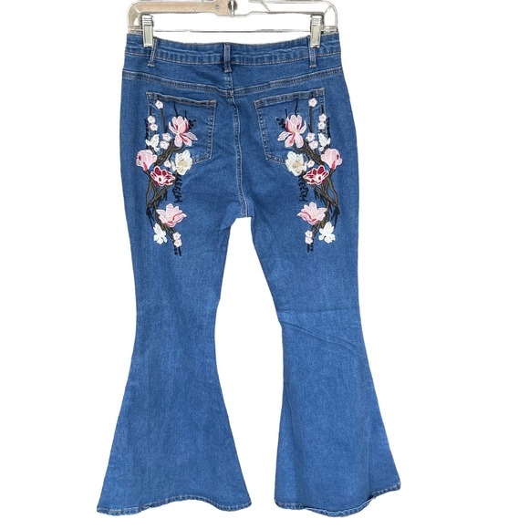 Shein Flare Jeans Womens Large 8/10 Embroidered Floral Boho Bohemian Cottagecore - Picture 1 of 12